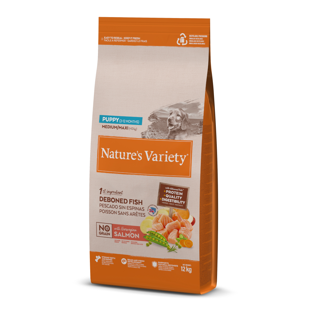 1 kg gratis! 10 / 12 kg Nature's Variety Medium/Maxi - 12 kg No Grain Puppy Lachs von Nature’s Variety