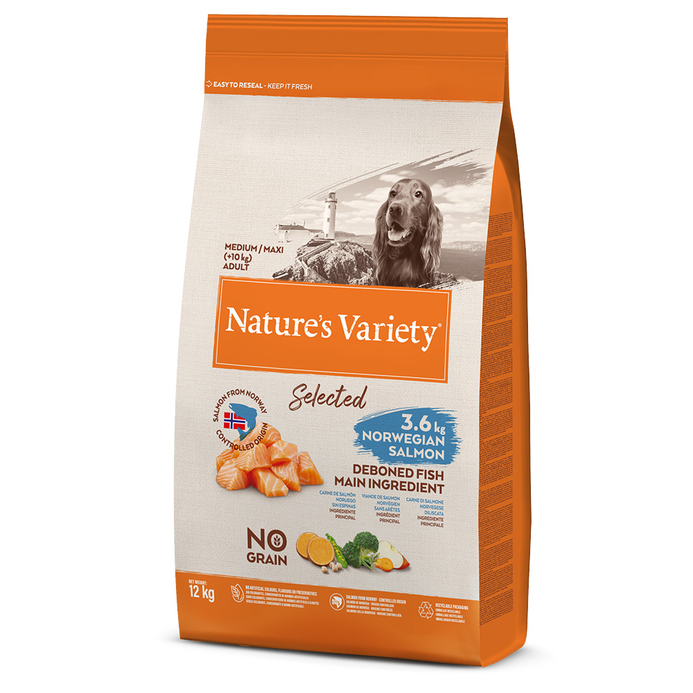 1 kg gratis! 10 / 12 kg Nature's Variety Medium/Maxi - 12 kg Selected Adult Norwegischer Lachs von Nature’s Variety