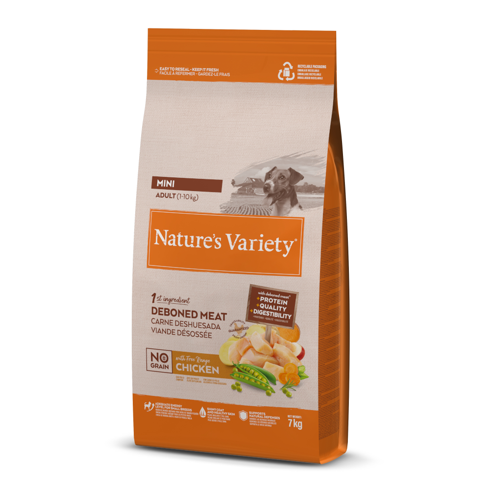 1 kg gratis! 7 kg Nature's Variety Mini - No Grain Adult Freilandhuhn von Nature’s Variety