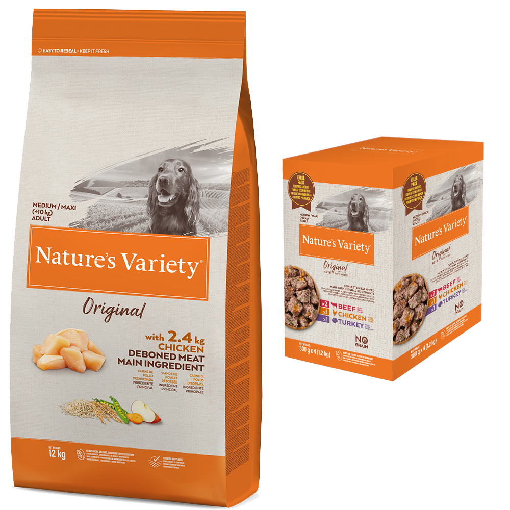 12 kg Nature's Variety + 4 x 300 g Nassfutter-Mix gratis! - Healthy Grains Medium Adult Huhn von Nature’s Variety