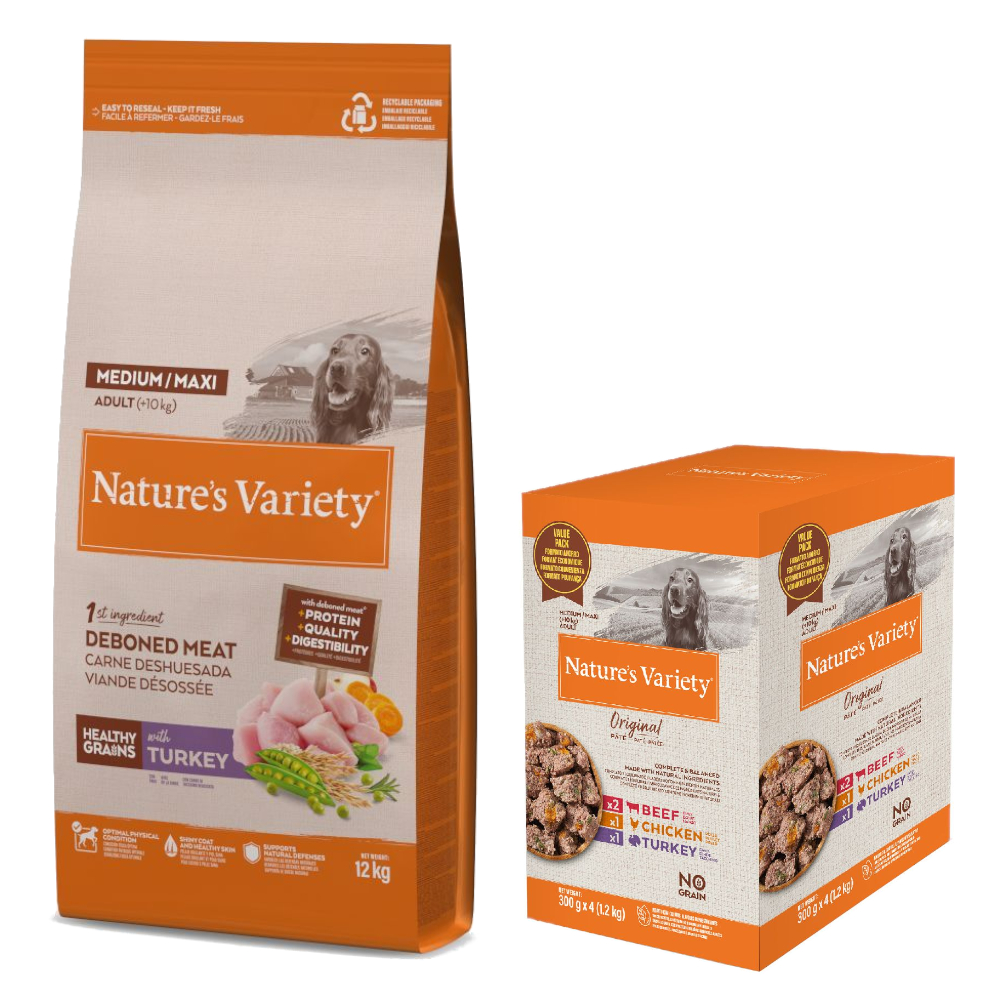 12 kg Nature's Variety + 4 x 300 g Nassfutter-Mix gratis! - Healthy Grains Medium Adult Truthahn von Nature’s Variety