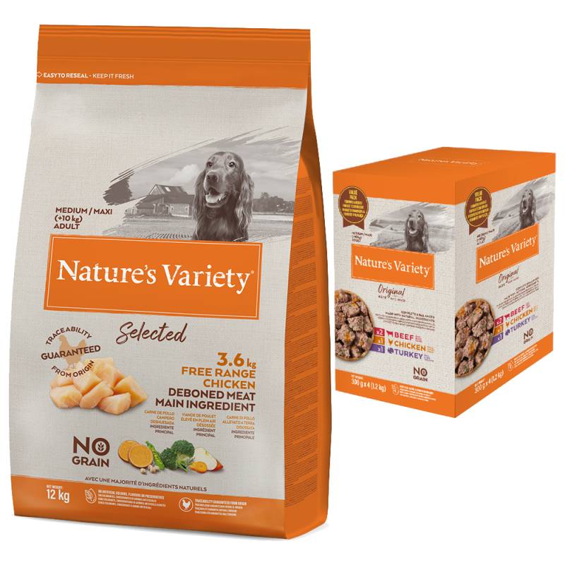 12 kg Nature's Variety + 4 x 300 g Nassfutter-Mix gratis! - No Grain Medium Adult Freilandhuhn von Nature’s Variety