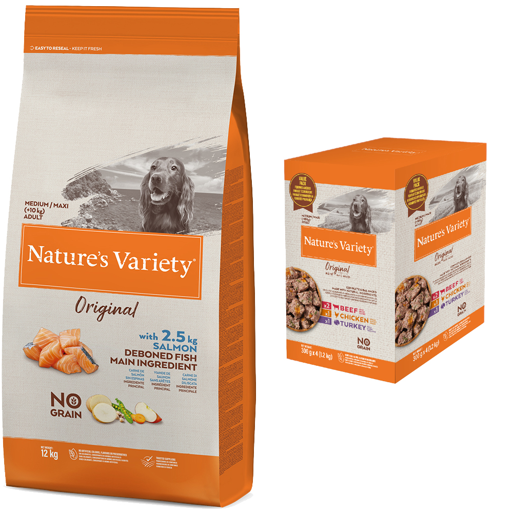 12 kg Nature's Variety + 4 x 300 g Nassfutter-Mix gratis! - No Grain Medium Adult Lachs von Nature’s Variety