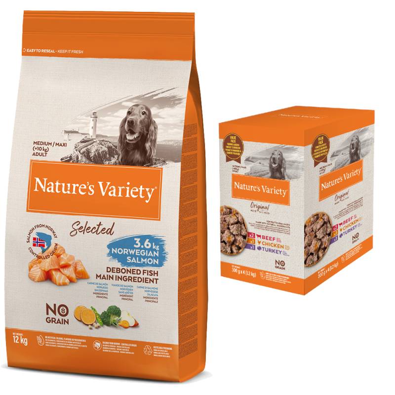 12 kg Nature's Variety + 4 x 300 g Nassfutter-Mix gratis! - Selected Medium Adult Norwegischer Lachs von Nature’s Variety