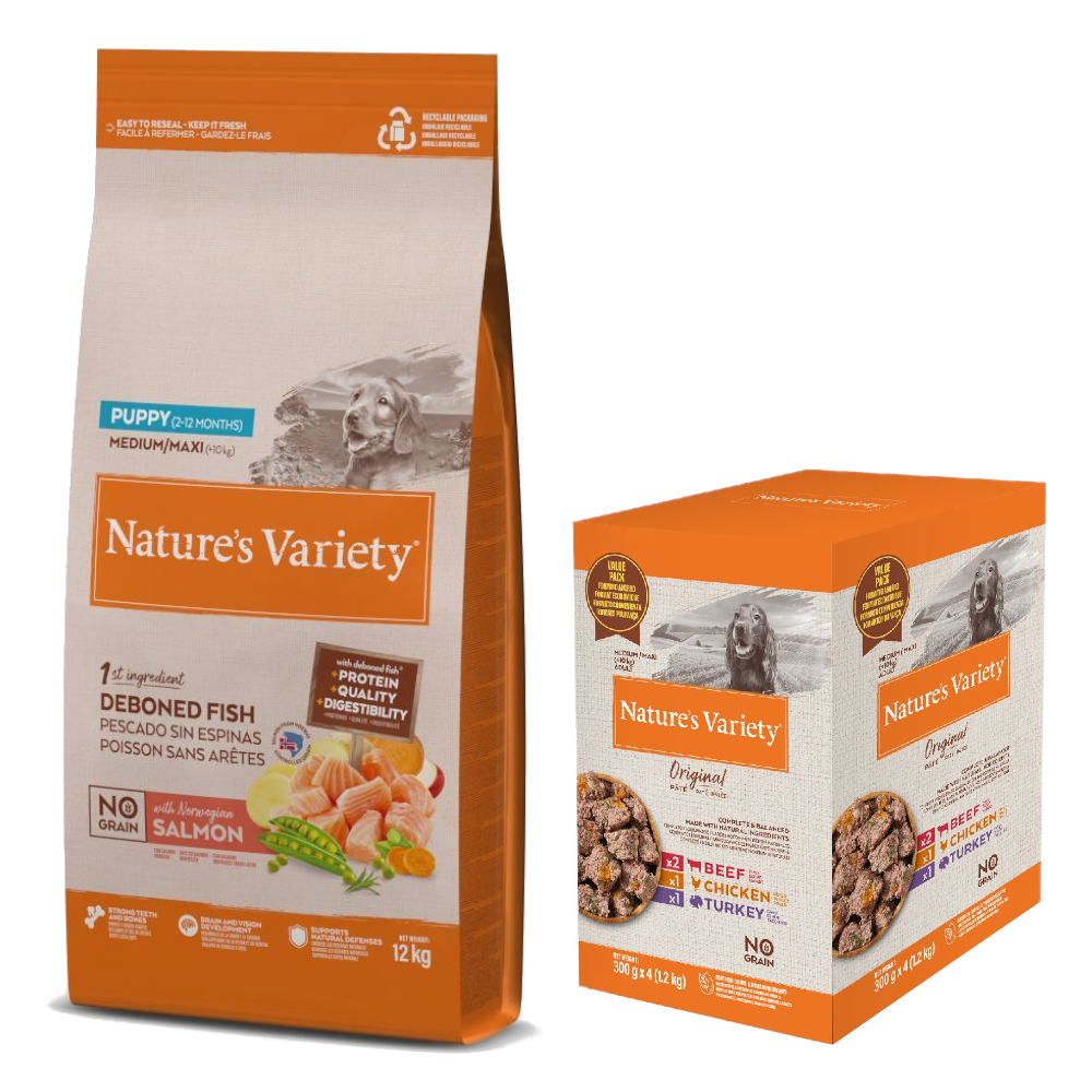 12 kg Nature's Variety Medium/Maxi + 4 x 300 g Original Paté No Grain Nassfutter-Mix gratis! - No Grain Puppy Lachs von Nature’s Variety