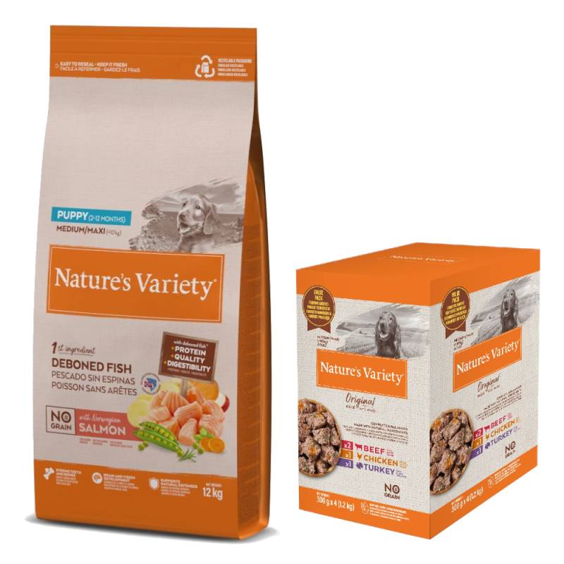 12 kg Nature's Variety Medium/Maxi + 4 x 300 g Original Paté No Grain Nassfutter-Mix gratis! - No Grain Puppy Lachs von Nature’s Variety