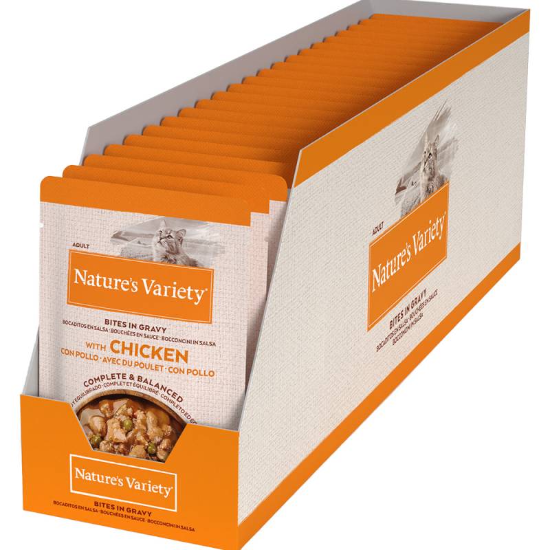 8 + 4 / 16 + 6 / 30 + 14 gratis! Nature's Variety - 22 x 85 g Bites in Soße mit Huhn von Nature’s Variety