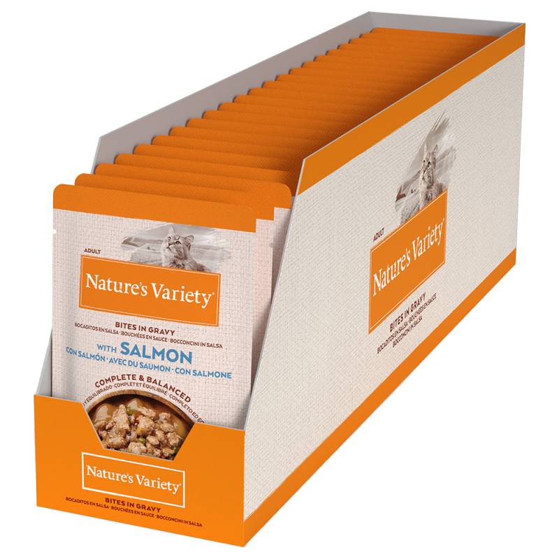 8 + 4 / 16 + 6 / 30 + 14 gratis! Nature's Variety - 22 x 85 g Bites in Soße mit Lachs von Nature’s Variety