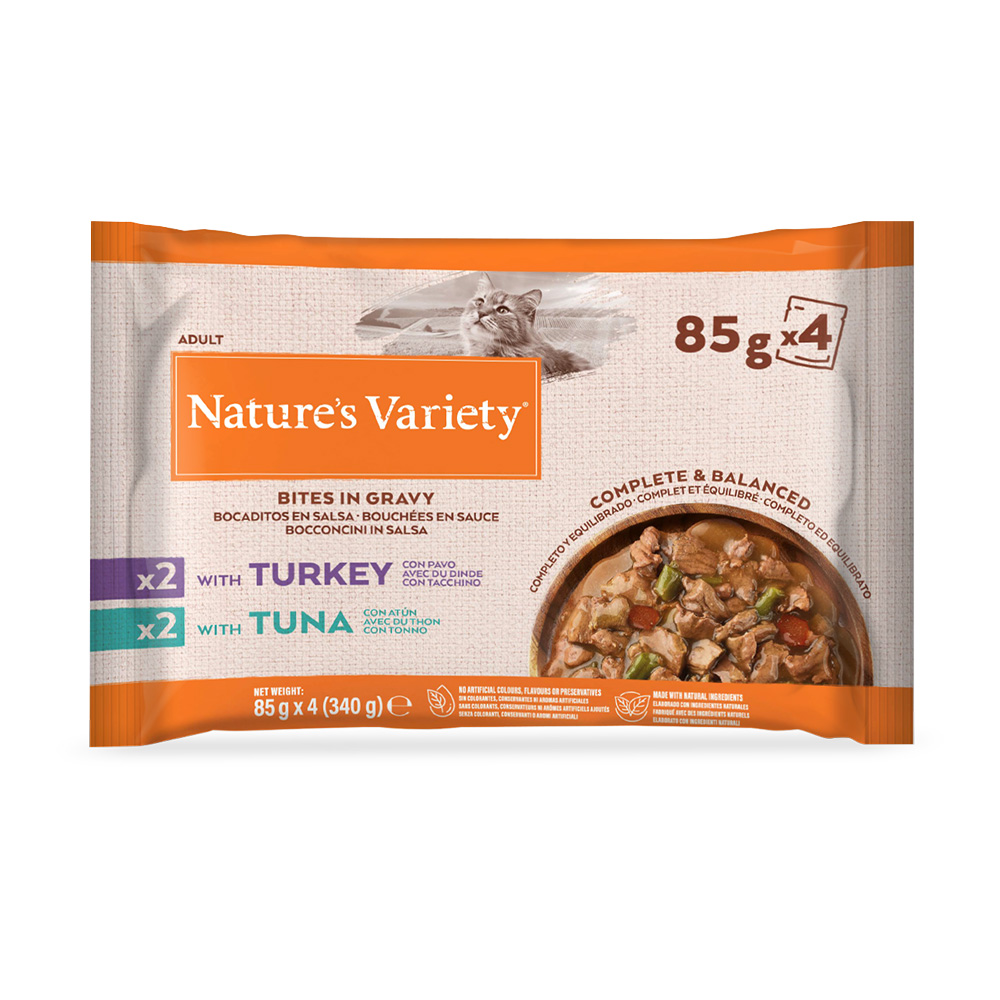 8 + 4 / 16 + 6 / 30 + 14 gratis! Nature's Variety - 44 x 85 g Bites in Soße mit Truthahn und Thunfisch von Nature’s Variety