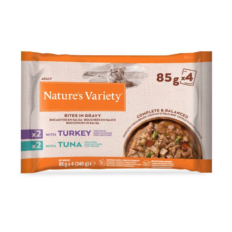 9 + 3 / 16 + 6 / 30 + 14 gratis! Nature's Variety  - 44 x 85 g Bites in Soße mit Truthahn und Thunfisch von Nature’s Variety