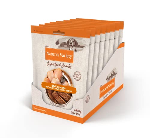 Nature's Variety Superfoods Snacks für ausgewachsene Hunde mit Huhn, mit Kokos- und Chiasamen, 85 g x 8 von Nature's Variety