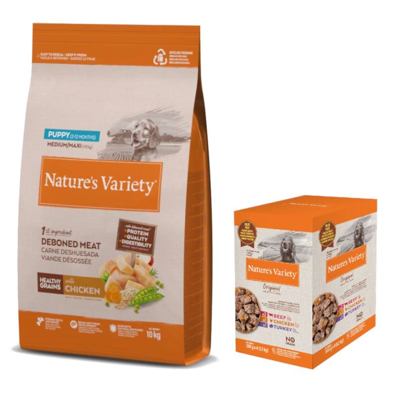 Nature's Variety Trockenfutter + Original Paté No Grain Adult Nassfutter-Mix gratis! - 10 kg Healthy Grains Puppy Medium/Maxi Huhn + 4 x 300 g Medium / Maxi von Nature’s Variety