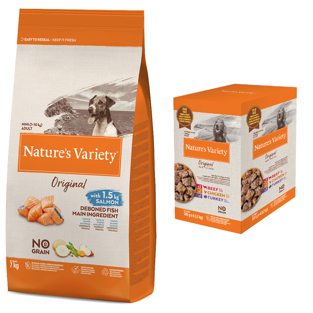 Nature's Variety Trockenfutter + Original Paté No Grain Adult Nassfutter-Mix gratis! - 7 kg No Grain Mini Adult Lachs + 4 x 300 g Medium / Maxi von Nature’s Variety