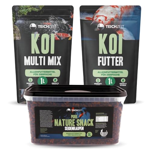 Koi Fisch Sorglospaket | Fischfutter Set für optimales Wachstum und strahlende Farben für Koi | 1x Teichzeit Koi Futter, 1x Teichzeit Koi Multi Mix & 1x Pure Nature Snacks Seidenraupen von NatureHolic