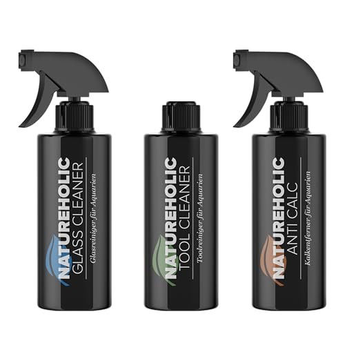 NatureHolic Aquarien Reinigungsset | Gegen Kalkränder im Aquarium, klare Aquariumscheiben & saubere Aquascaping Tools | 1x Kalkreiniger 250ml, 1x Glasreiniger 250ml & 1x Toolreiniger 250ml von NatureHolic