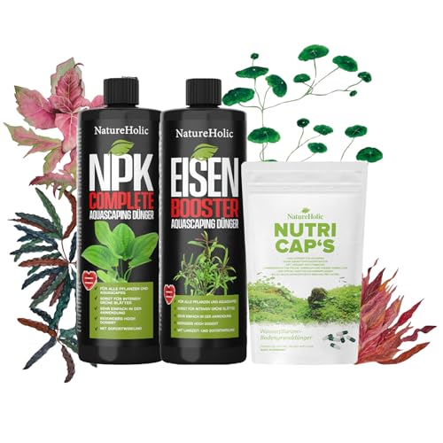 NatureHolic Aquarium Dünger Rundum Sorglospaket | Prächtige Pflanzen All-in-One-Lösung - Komplettdünger + Langzeitdünger Kapseln, nichts weiter nötig! Wachstumsbooster | 2x 250ml + Bodendünger Kapseln von NatureHolic