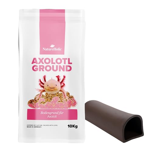 NatureHolic Axolotl Einrichtung-Set | Aquarium Deko mit Keramik Höhle - 19,5 x 6 x 5 cm & Spezial Lotl Bodengrund - 10 kg | Sicherer Rückzugsort & Wasserneutraler Quarzkies | Perfekt für Axolotl von NatureHolic