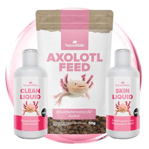 NatureHolic Axolotl Pflege-Set | Komplett-Set für Axolotl mit Futter & Wasserpflege | Weiches Softfutter, natürlicher Schleimhautschutz & Wasseraufbereiter | Für eine gesunde Haltung im Lotl-Aquarium von NatureHolic