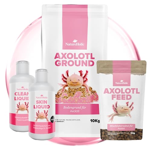 NatureHolic Axolotl Rundum-Sorglos-Paket | Komplett-Set für Axolotl mit Futter, Wasserpflege & Bodengrund | Weiches Softfutter, natürlicher Schleimhautschutz, Wasseraufbereiter & Spezialkies von NatureHolic