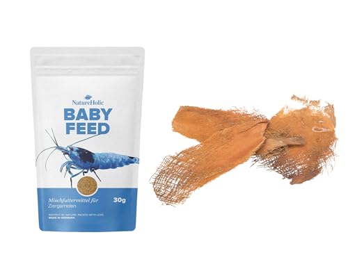 NatureHolic Garnelen Baby Sorglospaket | Garnelenfutter für Babygarnelen & Garnelen Versteck im Aquarium | Aufzuchtfutter & Natürlicher Brutplatz mit Arecafaser für gesunde Junggarnele von NatureHolic