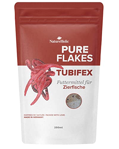 NatureHolic Pure Flakes - Tubifex - Hohe Akzeptanz - über 50% Tubifex - Trübt das Wasser nicht - Für Fische und Wirbellose - Hergestellt in Mannheim von NatureHolic