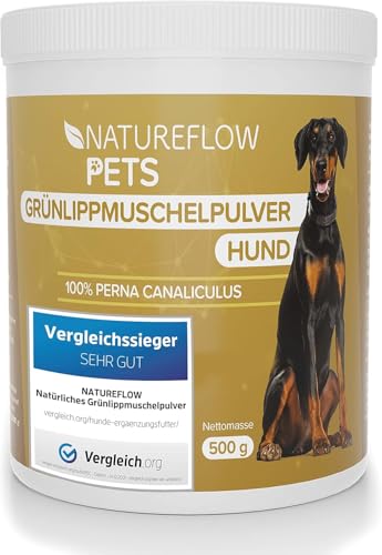 Grünlippmuschel Hund TESTSIEGER - 500g natürliches Grünlippmuschelpulver für Hunde - Unterstützung der Gelenkfunktion - Grünlippmuschel für Hunde mit Hoher Akzeptanz - Grünlippmuschelpulver Hund von NATUREFLOW