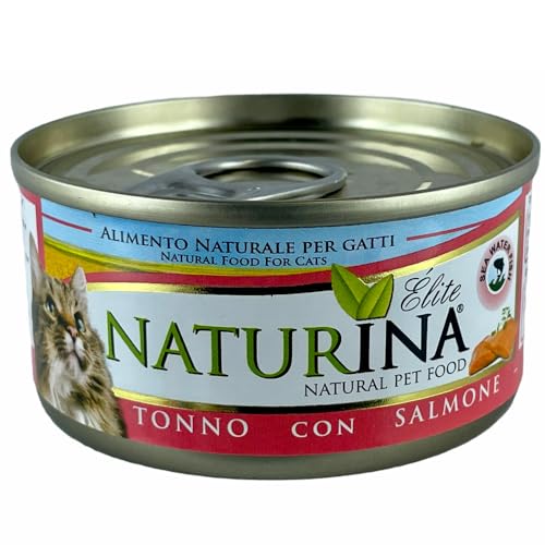 NATURINA - Elite Feuchte für Katzen, Thunfisch mit Lachs, gedämpft und in Kochwasser konserviert, ohne Konservierungsstoffe und synthetische Farbstoffe, für alle Größen, 24 Dosen à 70 g von Naturina