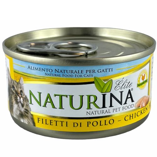 NATURINA - Elite Feuchte für Katzen mit Hühnerfilets, gedämpft und in Kochwasser konserviert, ohne Konservierungsstoffe und synthetische Farbstoffe, für alle Größen, 24 Dosen à 70 g von Naturina