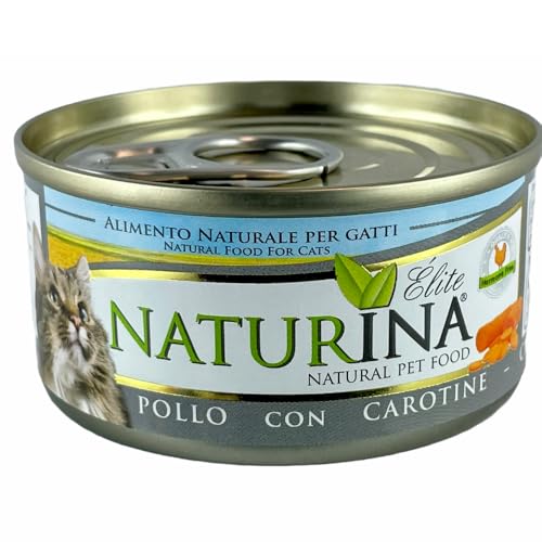 NATURINA - Elite Nassfutter für Katzen, Huhn mit Karotten, gedämpft und in Kochwasser konserviert, ohne Konservierungsstoffe und synthetische Farbstoffe, für alle Größen, 24 Dosen à 70 g von Naturina