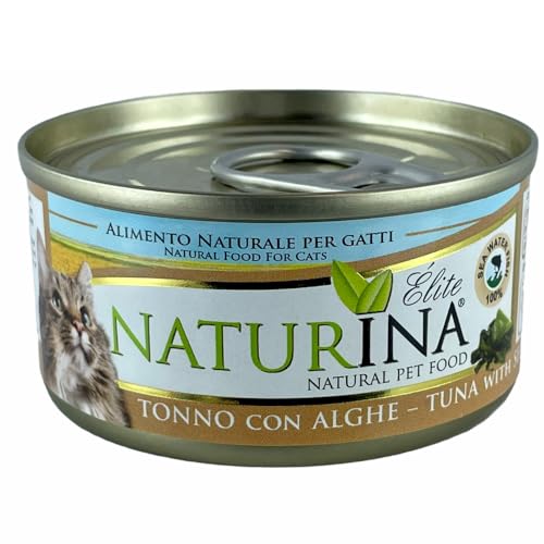 NATURINA - Elite Nassfutter für Katzen, Thunfisch mit Algen, gedämpft und in Kochwasser konserviert, ohne Konservierungsstoffe und synthetische Farbstoffe, für alle Größen, 24 Dosen à 70 g von Naturina