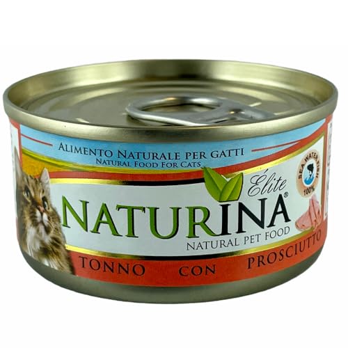 NATURINA - Elite Nassfutter für Katzen, Thunfisch mit Schinken, gedämpft und in Kochwasser konserviert, ohne Konservierungsstoffe und synthetische Farbstoffe, für alle Größen, 24 Dosen à 70 g von Naturina