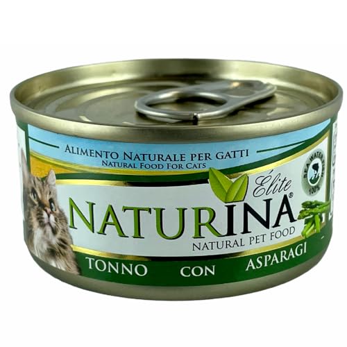 NATURINA - Elite Nassfutter für Katzen, Thunfisch mit Spargel, gedämpft und in Kochwasser konserviert, ohne Konservierungsstoffe und synthetische Farbstoffe, für alle Größen, 24 Dosen à 70 g von Naturina