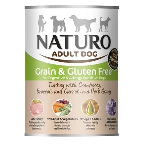 Naturo - Grain & Glutem Free Futter für erwachsene Hunde mit Truthahn, Cranberries, Brokkoli und Karotten in Kräutersauce - Packung mit 12 x 390 g - Insgesamt 4680 g von Naturo