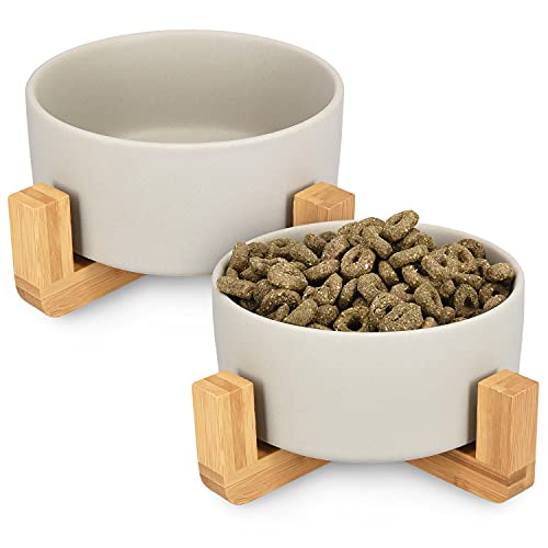 Navaris 2X Futternapf Katze mit Bambus Halter - Futterstation 2X Keramiknapf für Katzen Hunde - Keramik Fressnapf Set Futterbar mit Holz Halterung von Navaris