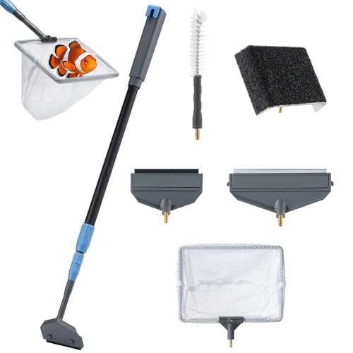 Navaris Aquarium Scheibenreiniger Set - Aquarium Reiniger - Aquarium Zubehör - Schnelle und einfache Reinigung - 6 in 1 Set - Bürsten und Fischernetz - Nano Aquarium von Navaris