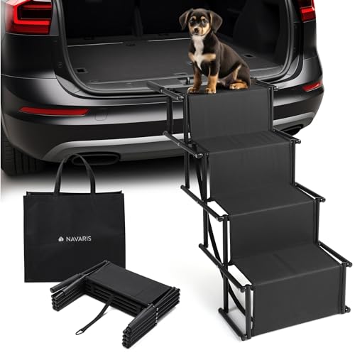 Navaris Faltbare Auto-Hundetreppe - 4 stufige Hundetreppe - Stabile Hundeleiter - Haustiertreppe - Faltbare Hundetreppe - Mit Tragetasche - 36 cm breit - Schwarz von Navaris