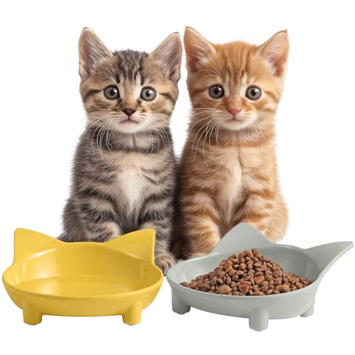 Navaris Futternapf Set 2-teilig für Katzen - 2er Napf rutschfest - 2 x Fressnapf Katzennapf spülmaschinenfest - Wasser Nassfutter Trockenfutter - 2X 210ml Napf - grau gelb von Navaris