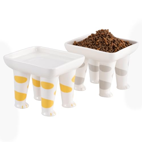 Navaris Keramik Futternapf Katze 2er Set - 400ml Fressnapf - Katzennapf erhöht - Katzennäpfe Futterstation - Abgerundete Kanten - Pfoten Design - Katzen Napf Bowl - Napfset von Navaris