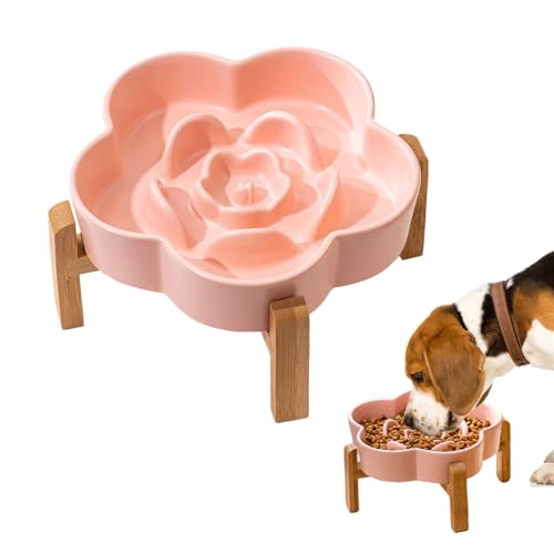 Nchdewui Anti Schling Napf Keramik, Erhöhte Katzennäpfe, Antischlingnapf Katze Mit Holzständer, Slow Feeder Katze rutschfest, Einfach Zu Reinigen für Katzen Und Kleine Hunde (Large,pink) von Nchdewui