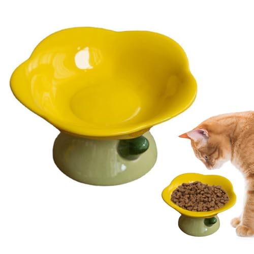 Nchdewui Fressnapf Aus Keramik, Anti Erbrechen Fressnapf Katze, Schützt Die Wirbelsäule Der Katze, Katzenfutterstationen für Welpen, Katzen Und Kleine Hunde (Yellow Plate) von Nchdewui