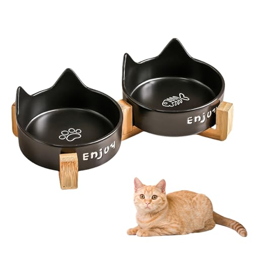 Nchdewui Katzennapf Set, Katzennapf Erhöht, Katzennapf Keramik, Doppelt Futternapf Für Hunde Und Katze Mit Holzständer, Fressnapf Futterstation Für Kleine Hunde, Welpen, Katzen (Black) von Nchdewui