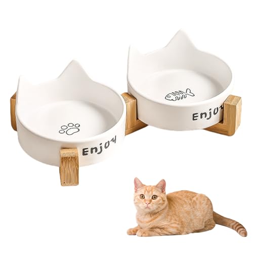 Nchdewui Katzennapf Set, Katzennapf Erhöht, Katzennapf Keramik, Doppelt Futternapf Für Hunde Und Katze Mit Holzständer, Fressnapf Futterstation Für Kleine Hunde, Welpen, Katzen (White) von Nchdewui