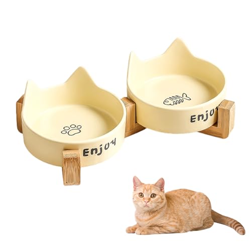 Nchdewui Katzennapf Set, Katzennapf Erhöht, Katzennapf Keramik, Doppelt Futternapf Für Hunde Und Katze Mit Holzständer, Fressnapf Futterstation Für Kleine Hunde, Welpen, Katzen (Yellow) von Nchdewui