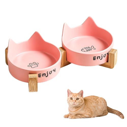 Nchdewui Katzennapf Set, Katzennapf Erhöht, Katzennapf Keramik, Doppelt Futternapf Für Hunde Und Katze Mit Holzständer, Fressnapf Futterstation Für Kleine Hunde, Welpen, Katzen (pink) von Nchdewui