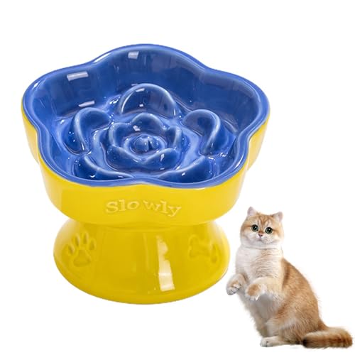 Nchdewui Slow Feeder Katze, Katzennapf Keramik, Anti Schling Napf Für Katzen Und Kleine Hunde, Einfach Zu Reinigen, Reduziert Verschlucken Und Überessen (Lemon yellow with purple blue) von Nchdewui