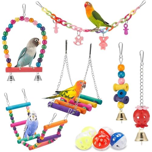 Nchdewui Vogel-Papageien-Spielzeug-Set, 11 Stück Vogelspielzeug, Papageienschaukel, Hängematte Verdrehte Leiter Kauen Spielzeug Glocken Für Sittiche, Conure (A) von Nchdewui