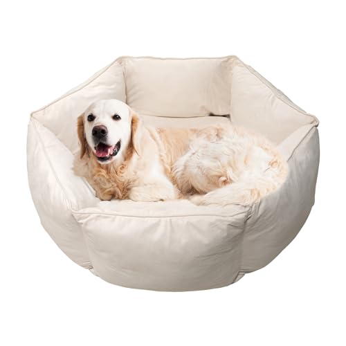 Neatki Orthopädisches, ultraweiches Plüsch-Hundebett für mittelgroße Hunde, Memory-Schaum, wasserabweisend, gemütlich, waschbarem Bezug und rutschfester Unterseite (Beige, rund) von Neatki