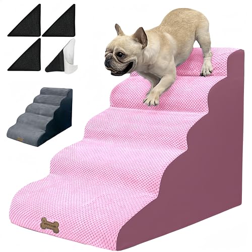 Hundetreppe für kleine Hunde bis zu hohen Betten, 5 Stufen, 61 cm, Hundetreppe für 45,7–76,2 cm Couchbett, 2 Stück, rosa und grau, waschbarer Bezug mit Hunderampe für alte große Hunde und Katzen, von Necrely