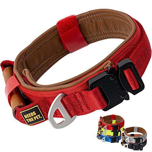 The Comfort Collar Hundehalsband, weiches Rindsleder, gepolstert, reflektierender Klettverschluss, Metallschnalle für große Hunde, leicht zu kontrollierender Griff (S,M,L) (M, Passion Red) von Needs The Pet