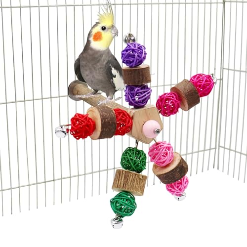 Vogelsitzstange Spielzeug mit drehbarer Glocke und Takraw Bällen Vogelkauspielzeug Vogelkäfig Zubehör Geeignet für Vögel Nymphensittiche Sittiche Papageien Wellensittiche Lovebird Conures von Neeenn